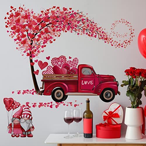 Gnome Red Truck Wall Decals Stickers, Valentine's Day Pink Heart Tree