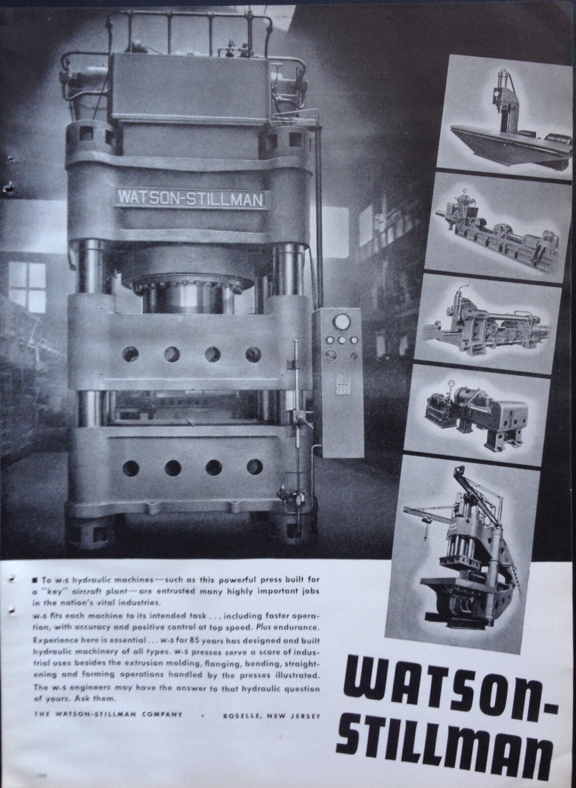 1940 AD(J18)WATSONSTILLMAN CO. ROSELLE, NJ. HYDRAULIC AIRCRAFT PRESS