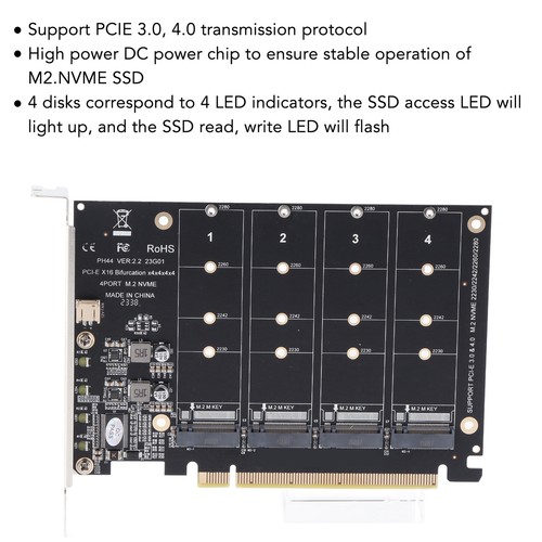 Adaptateur SSD M.2 NVME 4 ports vers PCIE X16 haute vitesse 4x32Gbps soft. - Photo 3/10