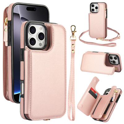 for iPhone 17 Pro Max 15 14 13 12 11 Crossbody Strap Wallet Card PU Leather Case