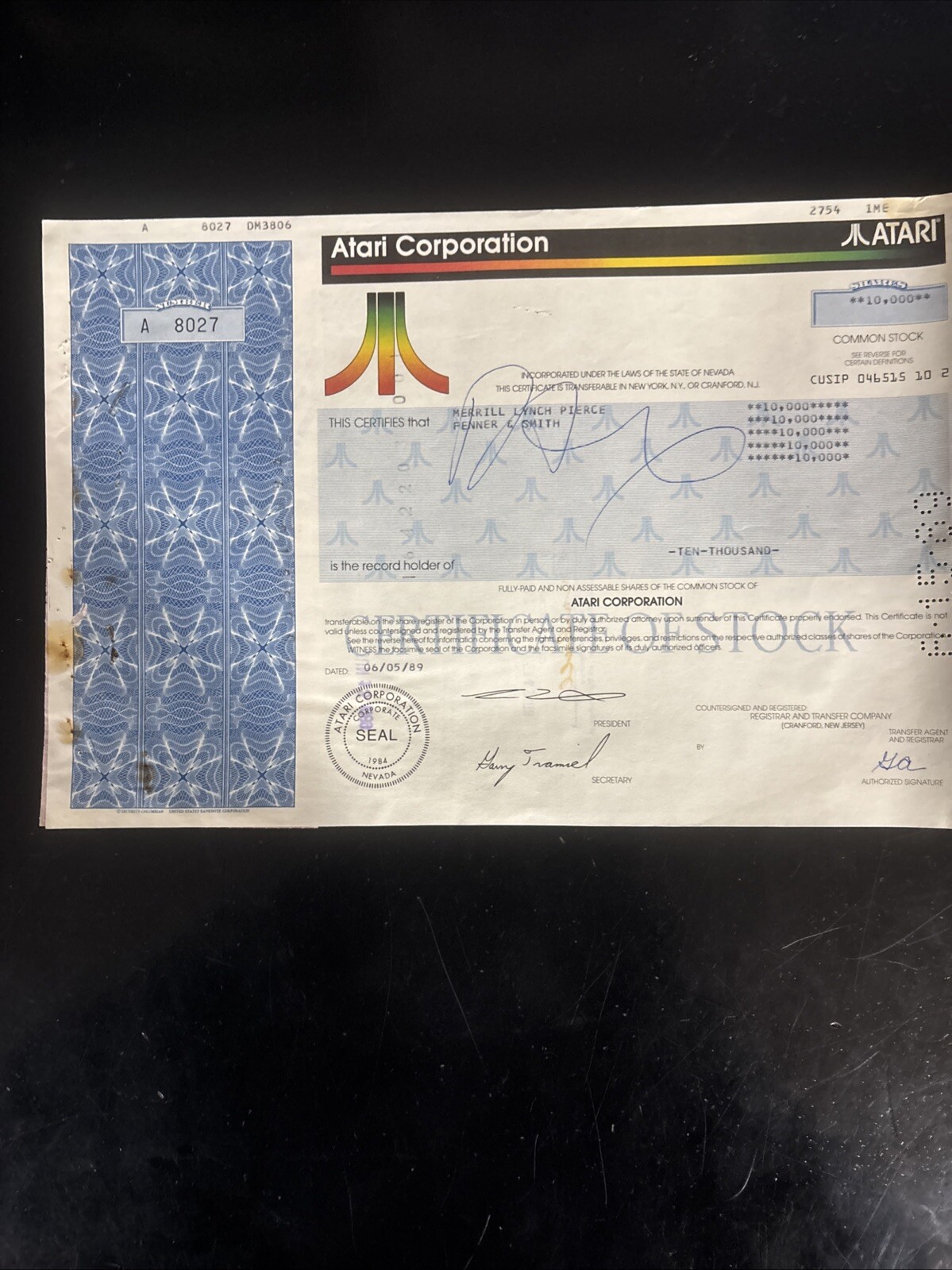 Atari Corporation Common Stock Certificates 10,000 Shares
