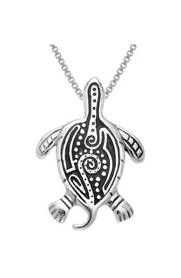 Jewelry Trends Sterling Silver Aboriginal Designed Turtle Pendant on Box Chain N