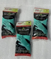 Nitrile Chemical Gloves NEW SHOWA Green Cotton Flock Lined 2-Large 1-Med Lot