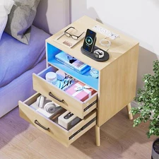Nightstand with Charging Station and LED Lights,  Natural