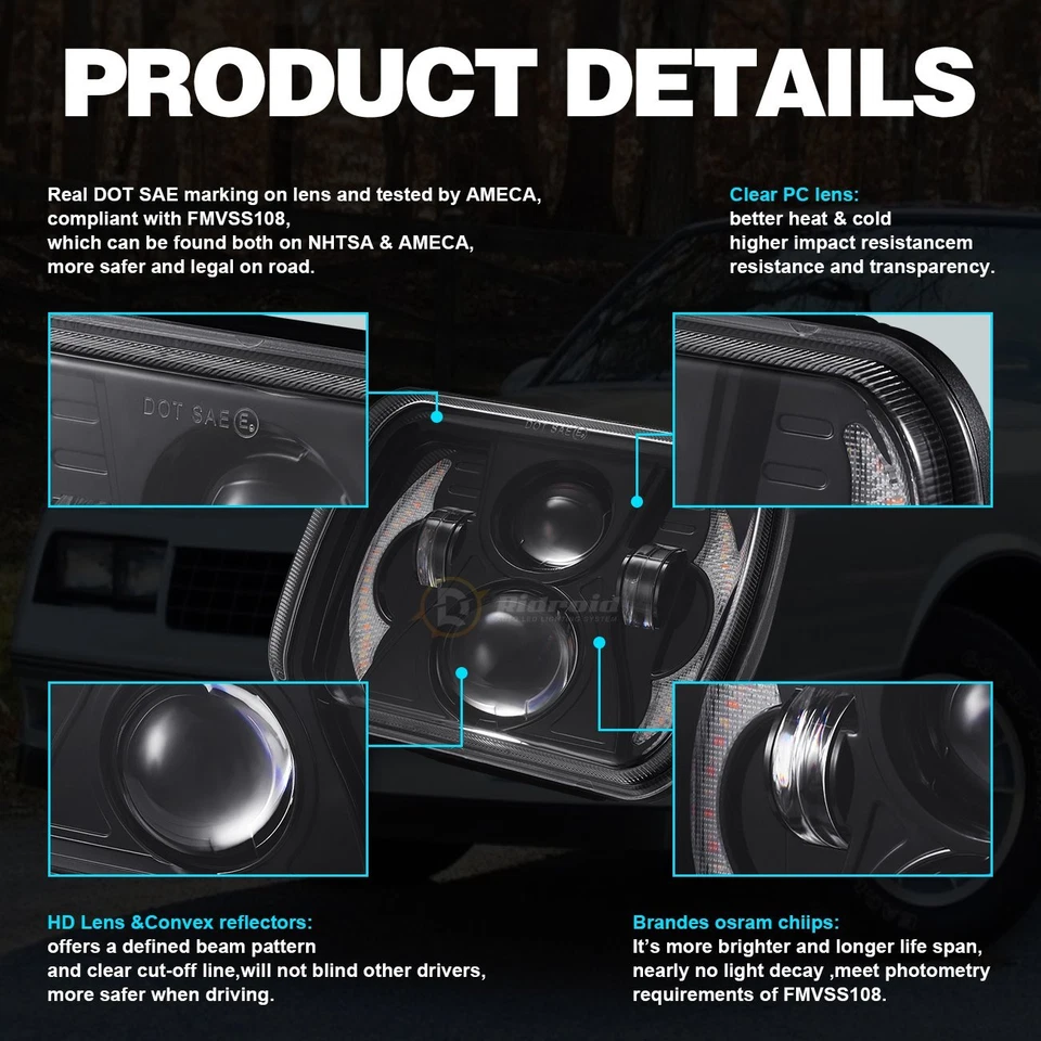 Proyector DRL halo faros LED de 7x6 pulgadas 1 pieza para Pontiac Firebird 1982-1990 Foto 4 de 4