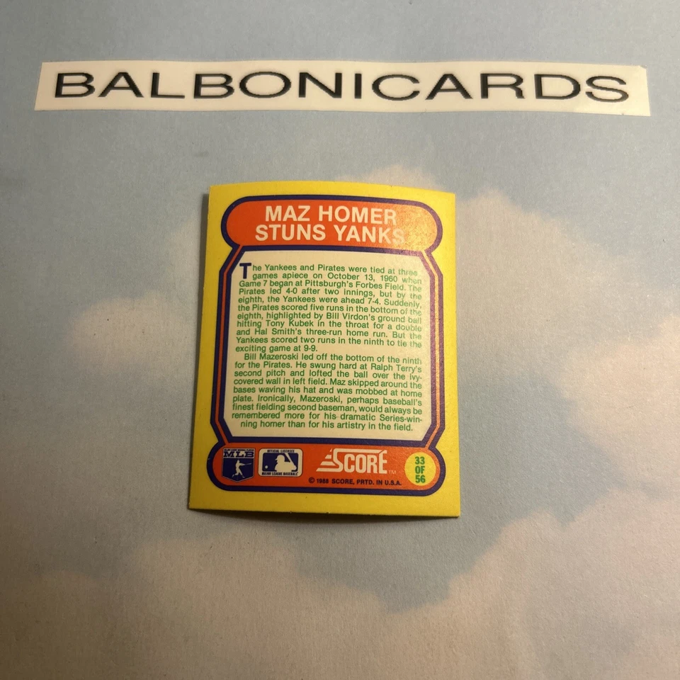 1988 Score - Do You Remember? Inserts #33 Bill Mazeroski Magic Motion Card - Image 2 of 2