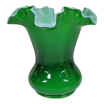 Fenton Ivy Vtg Overlay Dark Green Vase Ruffled Edge White Interior RARE 6'' Tall