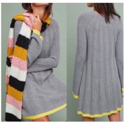 Anthropologie Ribbed Knit Fit & Flare Gray Dress with Yellow Trim Women's Small