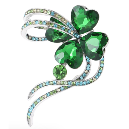 GREEN CRYSTAL SHAMROCK 4 LEAF CLOVER LUCKY IRISH BROOCH PIN JEWELRY GIFT WOMEN - Picture 11 of 12
