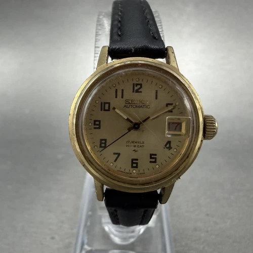 Seiko Automatic Watch Women 24mm Champagne Dial Gold Tone Date 2205-0599 READ!!!