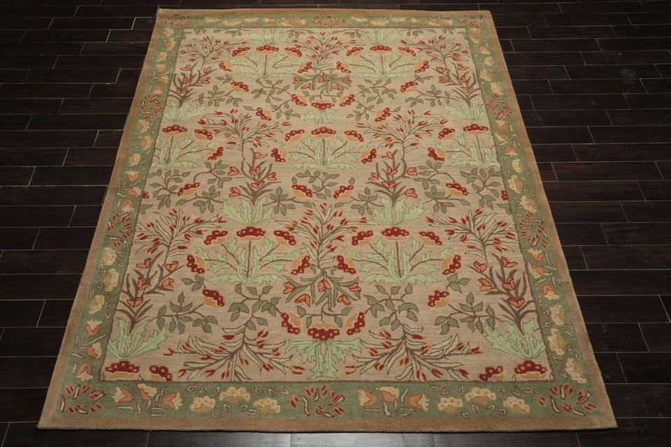 Alfombra floral botánica de lana de transición hecha a mano beige 9' x 12' Foto 3 de 4