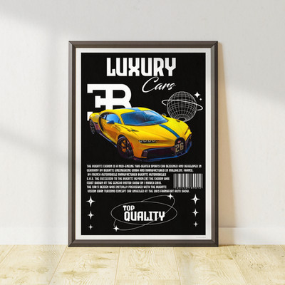 Gelbes Bugatti Chiron Sportwagen Poster / A5 A4 A3 ungerahmt Oldtimer
