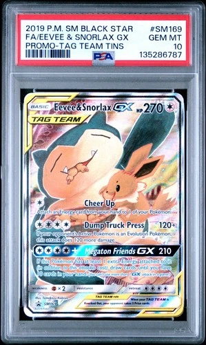 2019 POKEMON S&M TAG TEAM TINS EEVEE & SNORLAX GX #SM169 BLACK STAR PROMO PSA 10
