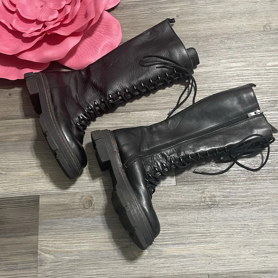 KURT GEIGER London Bird Knee Lace Up Boot Sz 6 EU 36 Black Combat Lug Sole Biker - Image 2 of 4