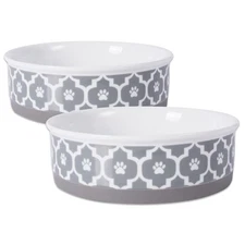 Paw Print Ceramic Pet Bowl, Lattice Collection, Large Set, 7.5x2.4", Gray, 2 ...