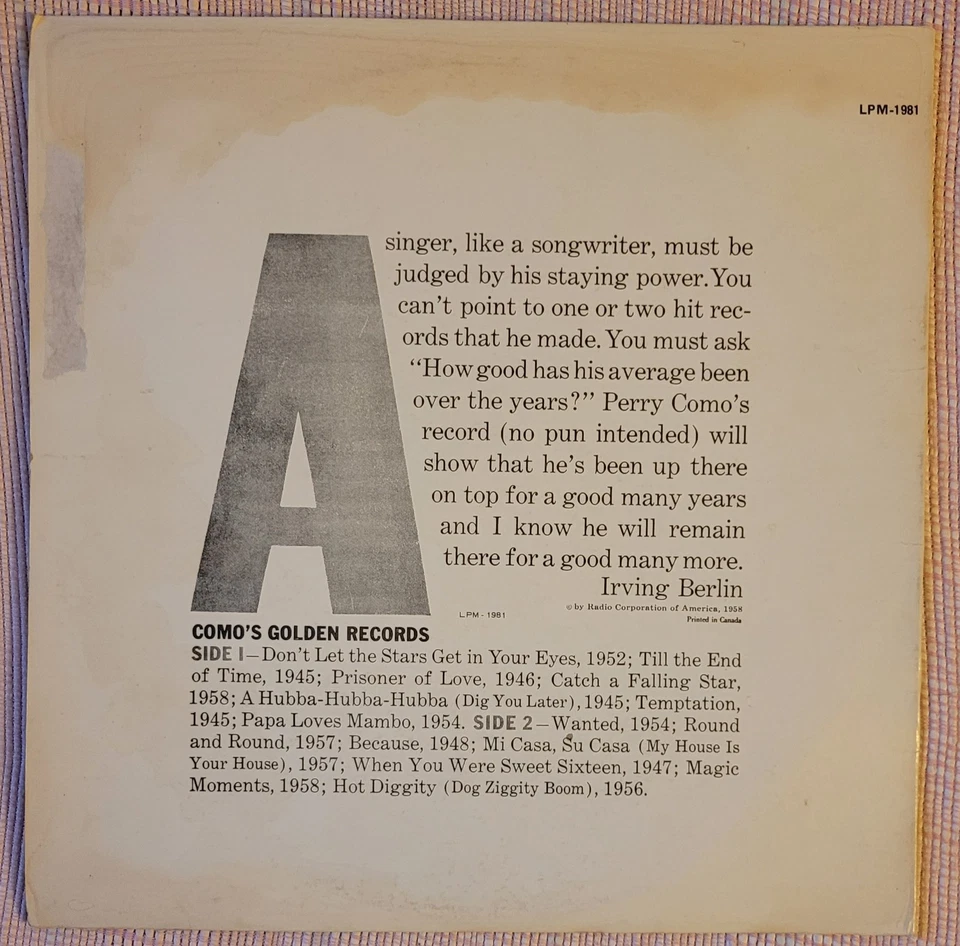 Perry Como - Como's Golden Records Vinyl LP Good Plus (G+)/Good Plus (G+) - Image 2 of 4