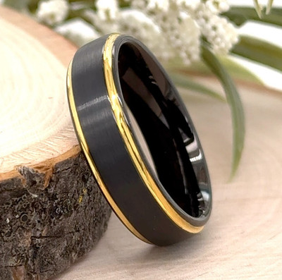 6mm Gold & Black Tungsten Christmas Gifts Band Matt Finish & Polished Edges Ring