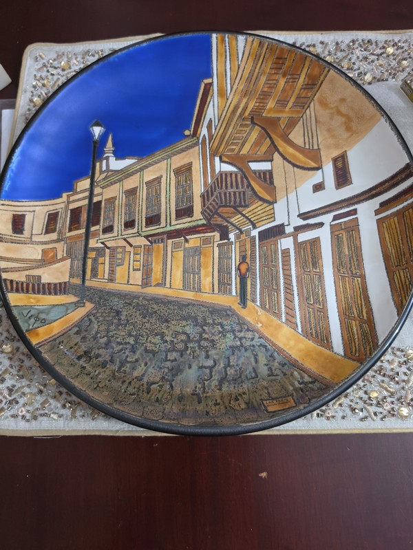 Vintage Eduardo Vega Artesa Ceramic Art Tile Ecuador  Village Blue Sky