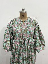 Cotton Green Floral Printed Dress Maxi Gown, Deep Neck Dress Women's Clothing US