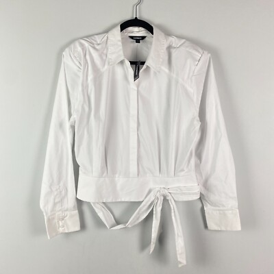 Express Blouse Size Large White Band Tie Long Sleeve Cotton Stretch Collared