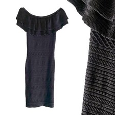 Lucy Paris Black Ruffle Off the Shoulder Textured Woven Bodycon Dress Size S