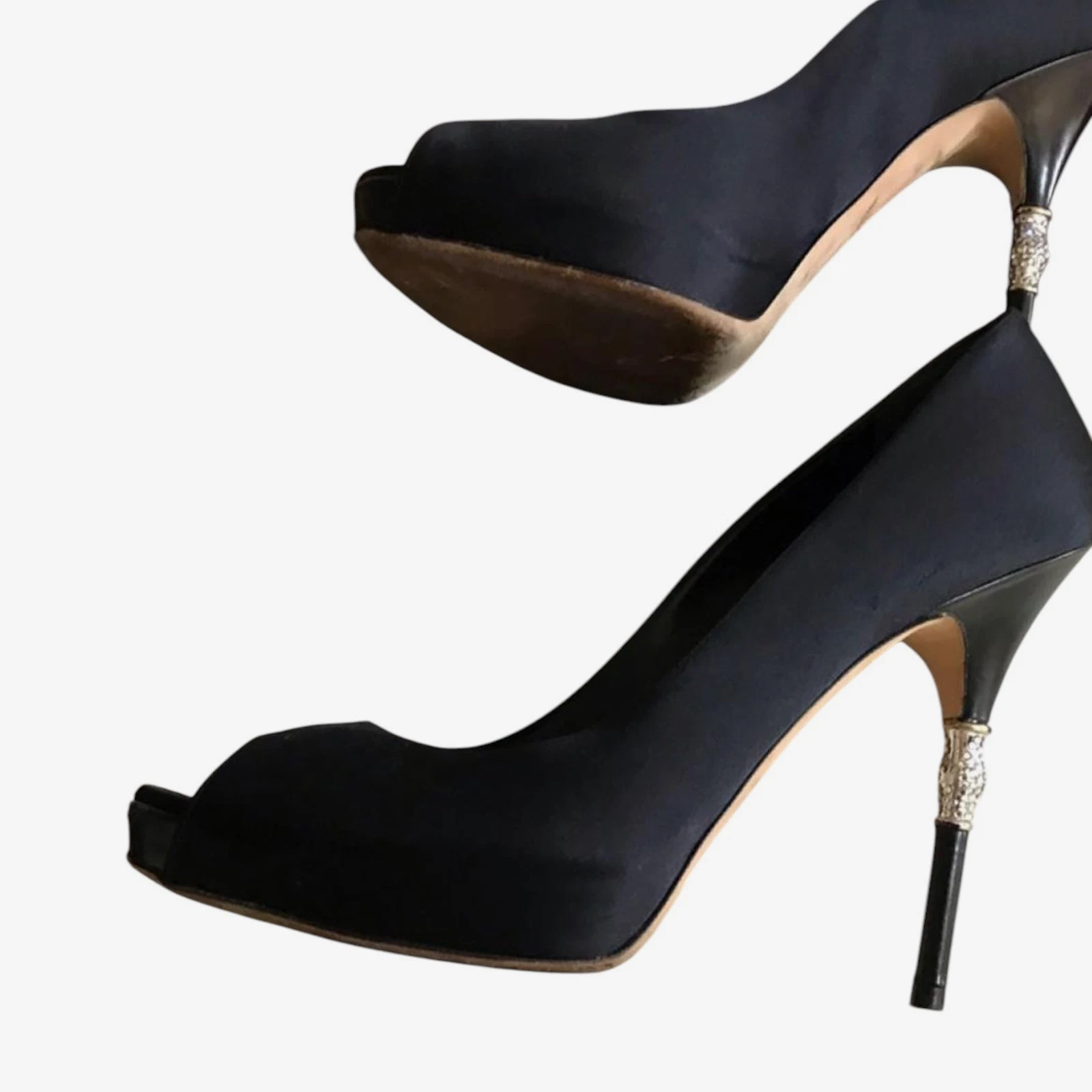 Escarpins bout ouvert GUCCI noir satiné cristal détail bambou, pointure 39,5