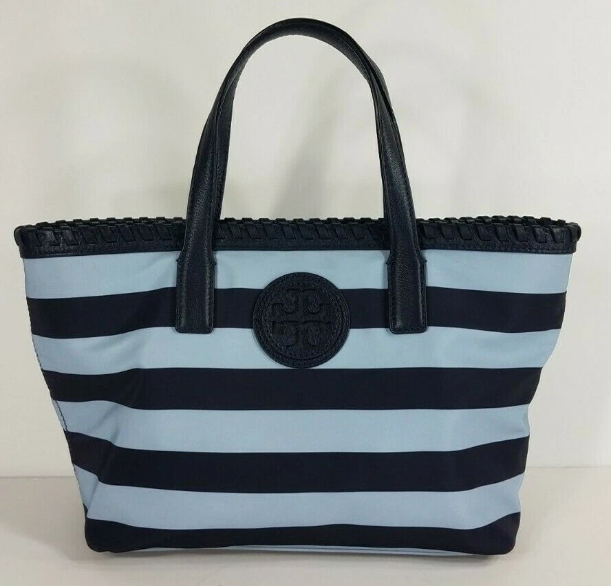 Tory Burch Marion Printed Nylon E/W Blue Navy Stripe Shopper Tote Bag purse