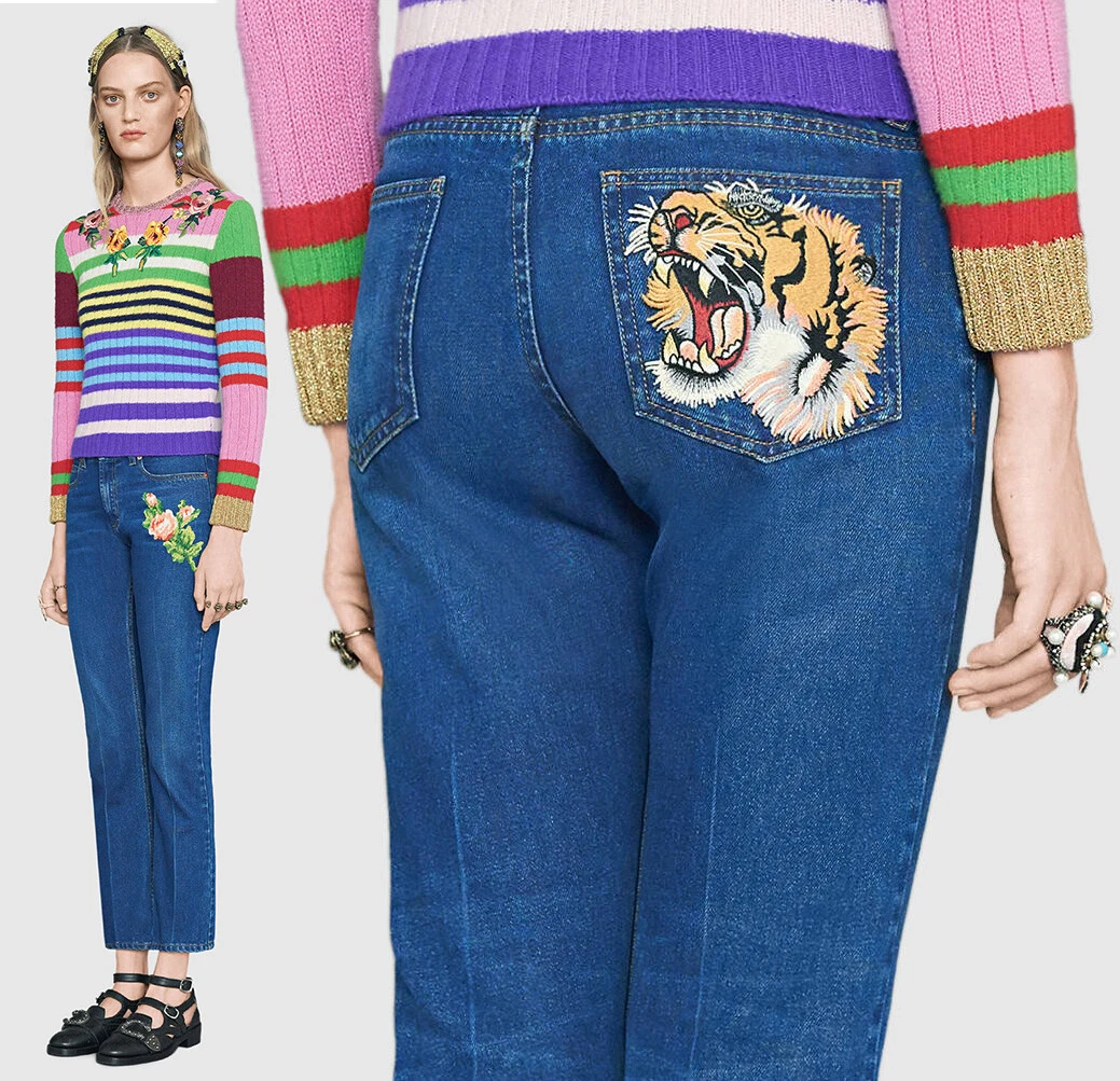 GUCCI JEANS DENIM BRODÉ FLEUR TIGRE RUGISSANT taille 32 IT 46 US XL