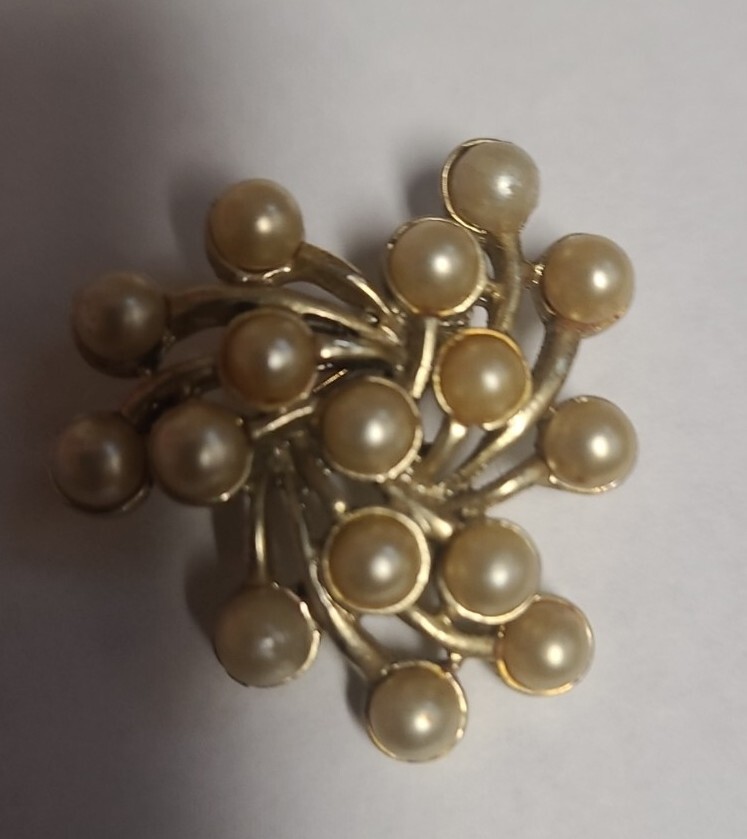 Vintage Gold Tone Emmons Pin with Metal Branches and Faux Pearls Signed