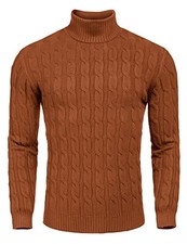 Men's Slim Fit Turtleneck Sweater Casual Twisted Knitted Pullover Large Brown