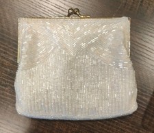 Vintage Magid Ivory Beaded Kisslock Evening Purse Bag Clutch Shoulder Chain Prom