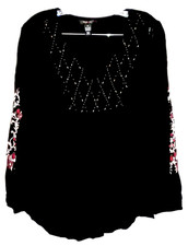 Blusa Camisa Style Co Top L Negra Con Cuentas Corpiño Bordado Mangas Fluido Rayón