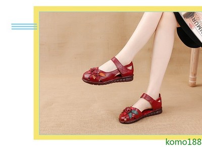 Women Floral Leather Sandals Closed Toe Ankle Strap Non Slip Casual Flat Shoes