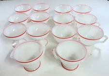 Hazel Atlas Moderntone Red Stripe Cups Dessert Bowls Creamer Sugar 14 pcs Set