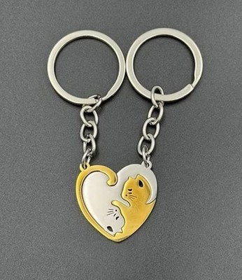 2 pc - Cat Couple Stainless Steel Pendant Keychain - Share one with your friend