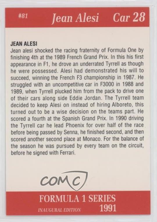 1991 Carms Formula One Jean Alesi #81 Rookie RC g6p | eBay