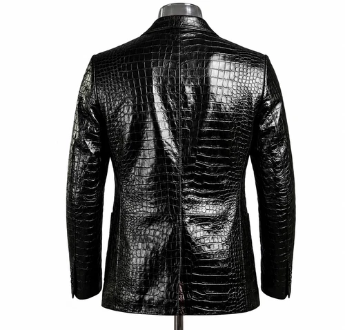 Men's Black Crocodile Embossed Leather Blazer Alligator Print Two Button Coat image 2