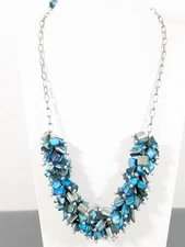 Beachy Coastal Blue Shell Charm Cluster Statement Necklace Boho 24 in