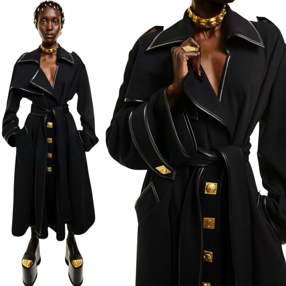 SCHIAPARELLI TRENCH COAT WITH LEATHER TRIM AND EMBELLISHED BUTTONS