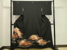 Heiwaya Kimono Luxury black tomesode piece embroidery clouds fan surface plum