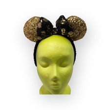    Disney Parks Minnie Sequin Ears Headband Black  Gold Polka Dot Bow P8
