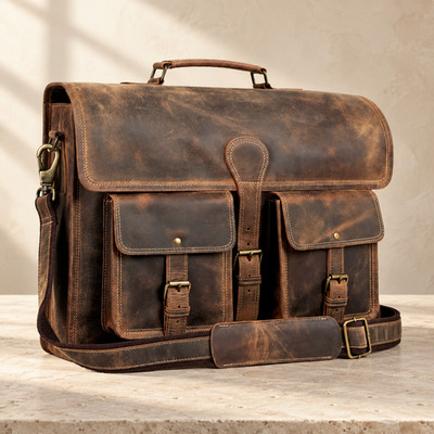 18'' Genuine Leather Messenger Bag Brown Laptop Briefcase Satchel Plaid Lining