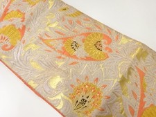 7117853: JAPANESE KIMONO / ANTIQUE NAGOYA OBI / SILK / WOVEN FLORAL PLANTS