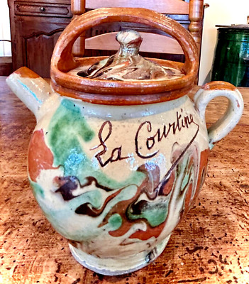 FRENCH ANTIQUE POTTERY EARTHENWARE TERRACOTTA SLIPWARE  CERAMIC CONFIT TEAPOT