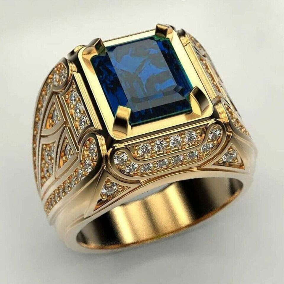 3Ct Emerald Cut Blue Sapphire Men's Engagement Ring 14K Yellow