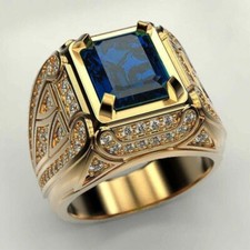 3Ct Emerald Cut Blue Sapphire Mens Engagement...