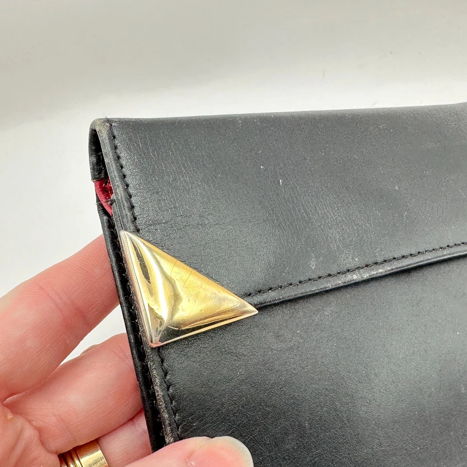 Cartera De Colección Donna Karan Forro Negro Rojo Cuero Triple Plegable Tarjetero Tono Dorado Foto 3 de 4