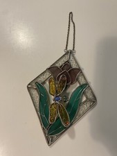 VTG Dragonfly Floral Stained Glass Suncatcher Window Wall Hanger Chain 7 X 5.5