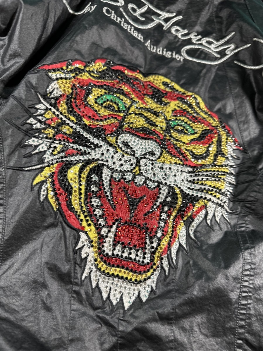 Vintage Ed Hardy Christian Windbreaker Jacket Gold Dragon Lion Sz