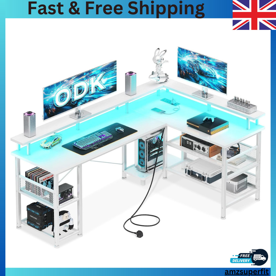 ODK Gaming Desk with LED Lights, Corner Gaming Desk with 2 Sockets and 2 USB Charging Ports, L Shaped Gaming Desk with Monitor Stand, Black, 129 x 129 cm 11 ODK L Shaped Gaming Desk, Computer Desk with LED Lights, Corner Desk with...
